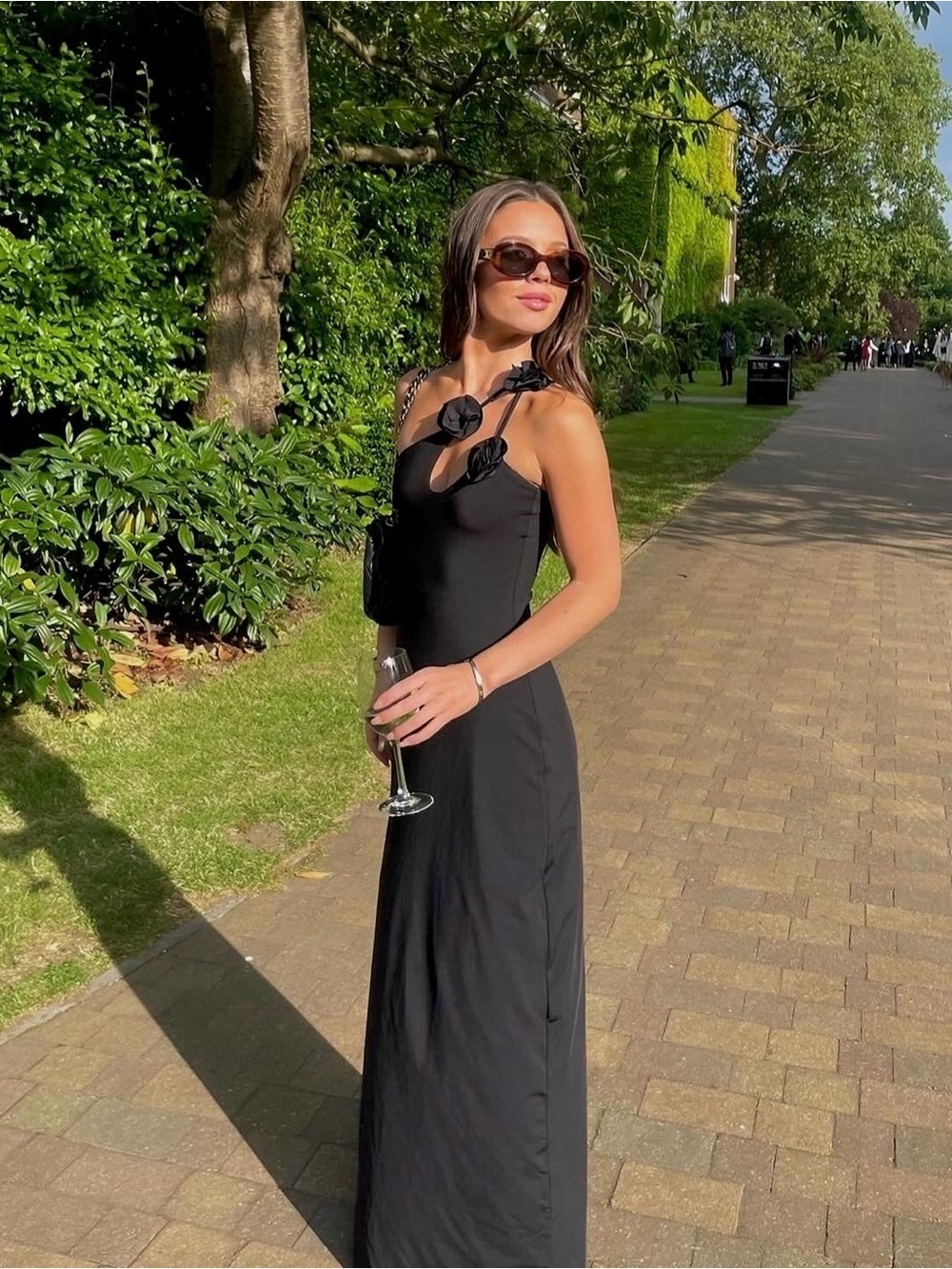 Maygel Coronel Celosia Rosette Strappy One Shoulder Maxi Dress Gown Black
